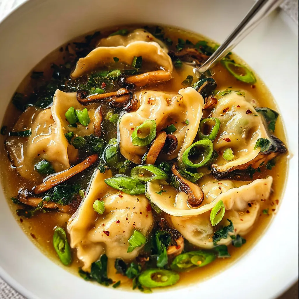 Authentic Asian Dumpling and Mushroom Soup with Fresh Aromatics - secondary view